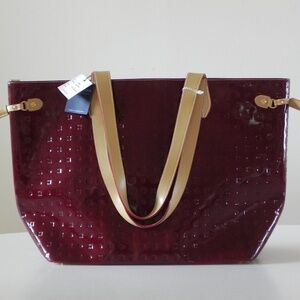 ARCADIA Handbag Tote Polo Red Embossed Patent Leather Zip Top Closure ITALY NEW